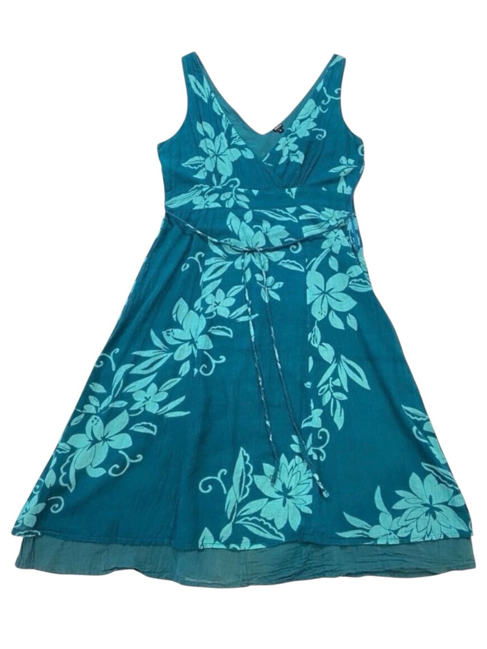 Natura sun dress 100% cotton floral pattern blue/green shades V neckline Medium